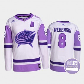 Zach Werenski Columbus Blue Jackets Hockey Fights Cancer Jersey Purple White #8 Authentic Pro