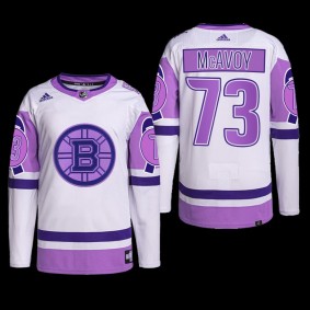 Boston Bruins Hockey Fights Cancer Jersey Charlie McAvoy White Purple #73 Primegreen Uniform