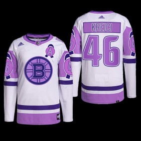 Boston Bruins Hockey Fights Cancer Jersey David Krejci White Purple #46 Primegreen Uniform