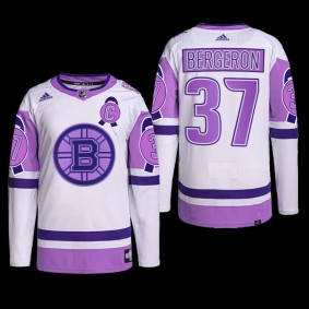Boston Bruins Hockey Fights Cancer Jersey Patrice Bergeron White Purple #37 Primegreen Uniform