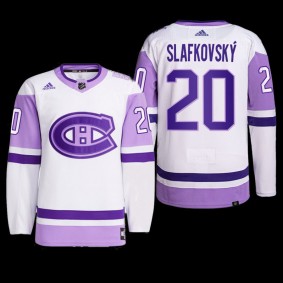 Montreal Canadiens Juraj Slafkovsky #20 Hockey Fights Cancer Jersey White Purple NHL Draft