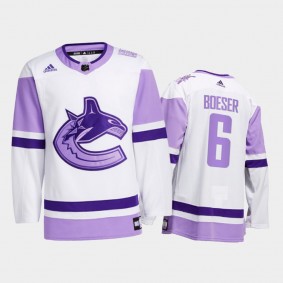Brock Boeser #6 Vancouver Canucks Hockey Fights Cancer White Special warm-up Jersey