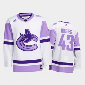 Quinn Hughes #43 Vancouver Canucks Hockey Fights Cancer White Special warm-up Jersey