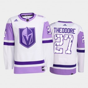 Vegas Golden Knights Hockey Fights Cancer Shea Theodore White #27 Primegreen Jersey