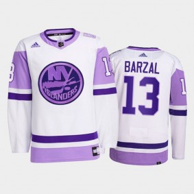 New York Islanders Hockey Fights Cancer Mathew Barzal White #13 Primegreen Jersey
