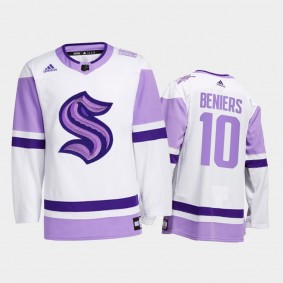 Matty Beniers #10 Seattle Kraken Hockey Fights Cancer White Special Jersey