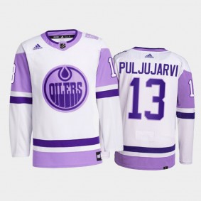 Jesse Puljujarvi #13 Edmonton Oilers Hockey Fights Cancer White Primegreen Jersey